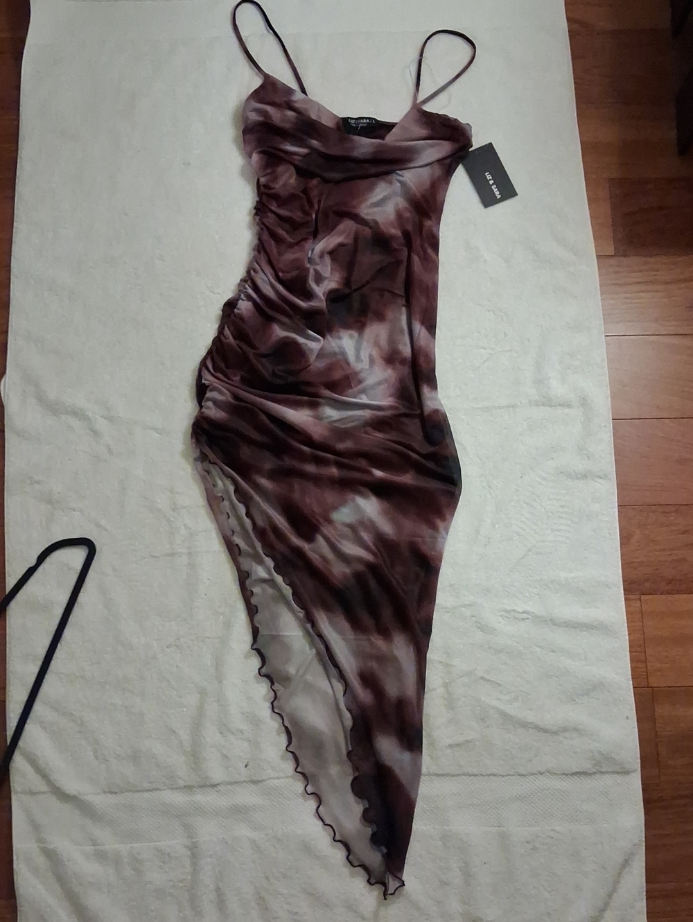 Asymmetrical Brown Marble Slip Dress with Cowl Neck L NWT